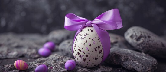 Healthy raw Easter egg with a purple bow, a present.