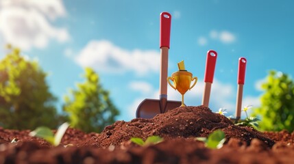 In a comical twist one shovel stands on top of a mound of dirt proudly displaying a digging champion trophy while the other shovels look on in disbelief.