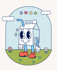 Milk box retro character mascot vintage trendy hand draw funny doodle comic collection