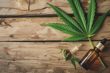 Hemp cannabis essential oil in a bottle and marijuana leaves. Generative AI,