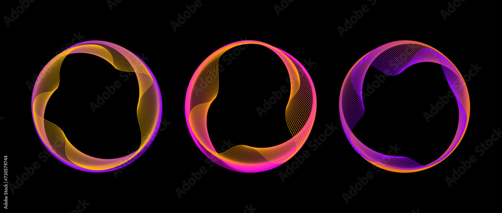 Aufkleber Neon blend circle lines set. Colorful glowing round tech frame collection. Curved wavy line circles on black background. Bright pink purple gradient circular border pack. Vector design element bundle