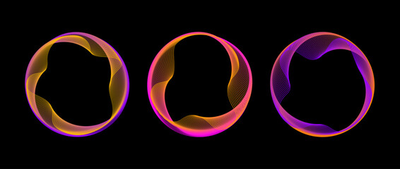 Neon blend circle lines set. Colorful glowing round tech frame collection. Curved wavy line circles on black background. Bright pink purple gradient circular border pack. Vector design element bundle