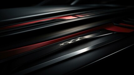 The hood of a black sports car with red trim. Generative AI.
