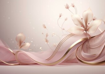 A pink background with flowers and gold ribbons. Generative AI.