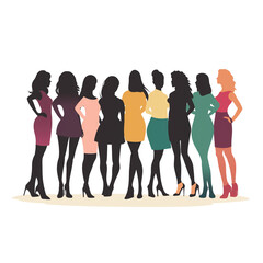 Fototapeta premium Clipart illustration of silhouettes of diverse women standing together, varied in height and body shapes, on a white background, symbolizing unity and diversity in femininity
