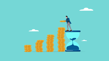long term investment concept, Growth Earning From Compound Interest In Long Term Investing, businessman makes financial growth graph by stacking gold coins on top of hourglass vector illustration - obrazy, fototapety, plakaty