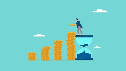 Foto op Canvas long term investment concept, Growth Earning From Compound Interest In Long Term Investing, businessman makes financial growth graph by stacking gold coins on top of hourglass vector illustration © Vanz Studio