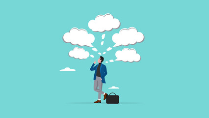 businessman with many idea, thinking of solution or innovation, looking for innovation or a solution to a problem, businessman with many thinking cloud or bubble chat vector illustration