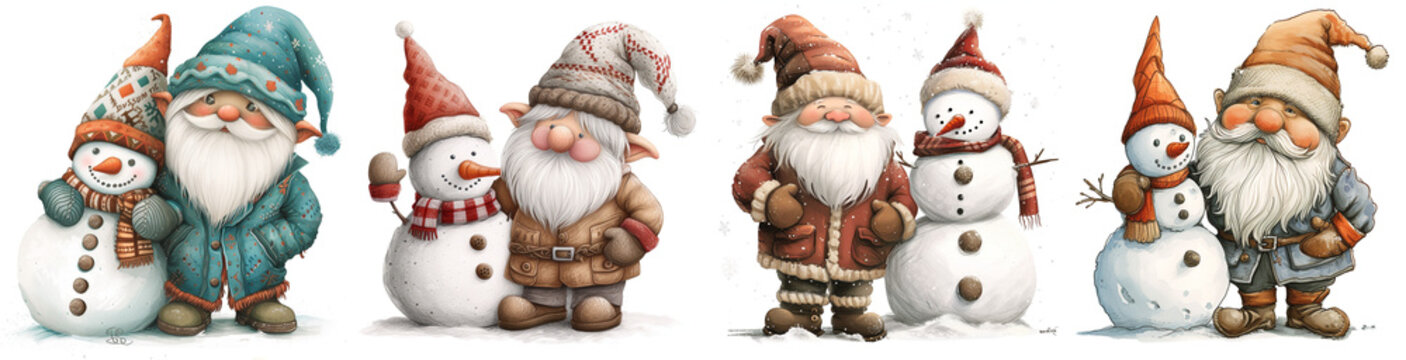 A clipart image of a gnome beside a snowman