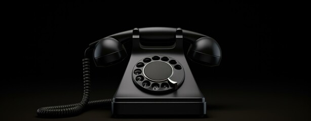 An old black telephone on a black background. Generative AI.