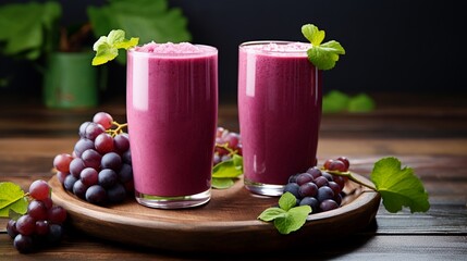 Grape smoothie with mint in a glass on a wooden board.