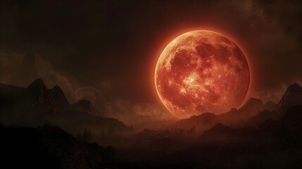 Fototapeta na wymiar Red Blood Moon At Night Time With Mountain Range View (Generative AI)