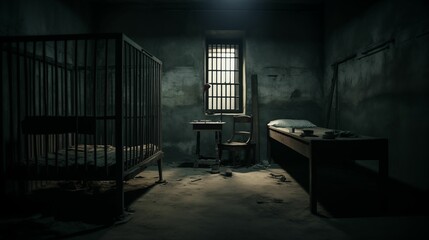 Image of prison cell with cold, gray walls.