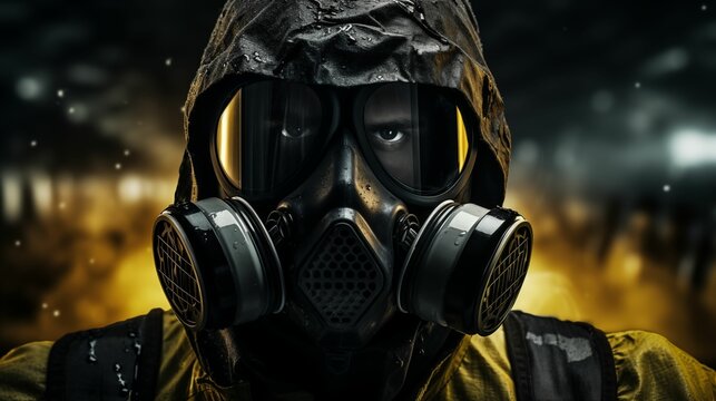 Image of man wearing a gas mask and a hazmat suit.