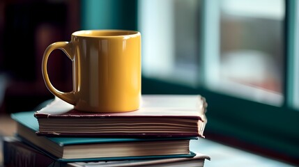 Naklejka premium Coffee Mug Sitting Atop Stack Of Books (Generative AI)