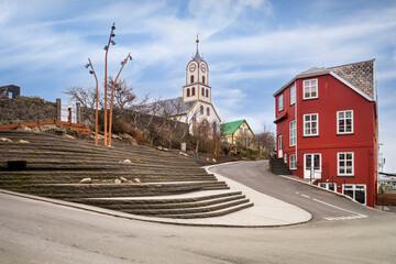 Trappan park and the Cathedral in Torshavn, capital of the Faroe Islands.