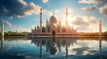 Obraz premium Beautiful mosque landscape wide background. Ramadan eid Mubarak celebrations day