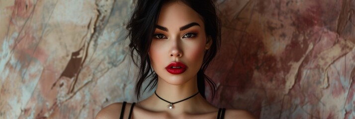 Latina Woman in Creative Dreamlike Nostalgic Pink, Brown, Cream Background - Direct Gaze with Makeup defined Eyebrows and Red Lipstick - Dark Hair and Black Dress created with Generative AI Technology - obrazy, fototapety, plakaty