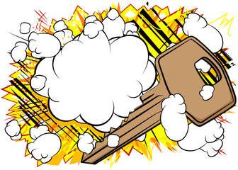 Cartoon Key with blank speech bubble, comic book safety background. Retro vector comics pop art design.