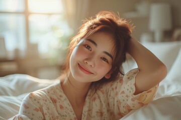 Beautiful young asian woman wake up in the morning with sunlight	