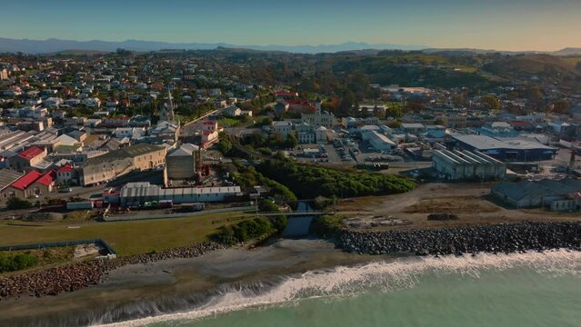 Aerial: Buildings in downtown Oamaru, Otago, New Zealand.