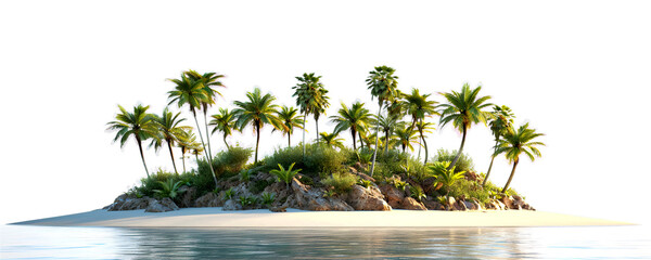 Picturesque island, lush with vegetation and palm trees, surrounded by clear, turquoise water, isolated on a white background