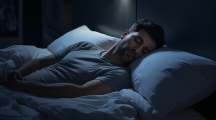 Fototapeta na wymiar Male peacefully asleep in a comfortable white bed.