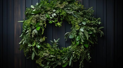 Image of wreath made of lush green leaves and various plants.
