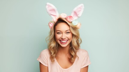 Image of young woman wearing an Easter rabbit headband with ears. - obrazy, fototapety, plakaty