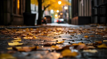Leaves scattered on a city street.