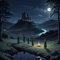 Gaelic ritual at night. People near the campfire; a castle in the background. Anime landscape drawing - obrazy, fototapety, plakaty
