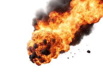 Dynamic explosion with orange flames, black smoke, isolated on a white background