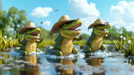 A group of giggling gators in cowboy hats attempting to line dance in the swamp but constantly slipping on the slimy ground at the talent show. - obrazy, fototapety, plakaty