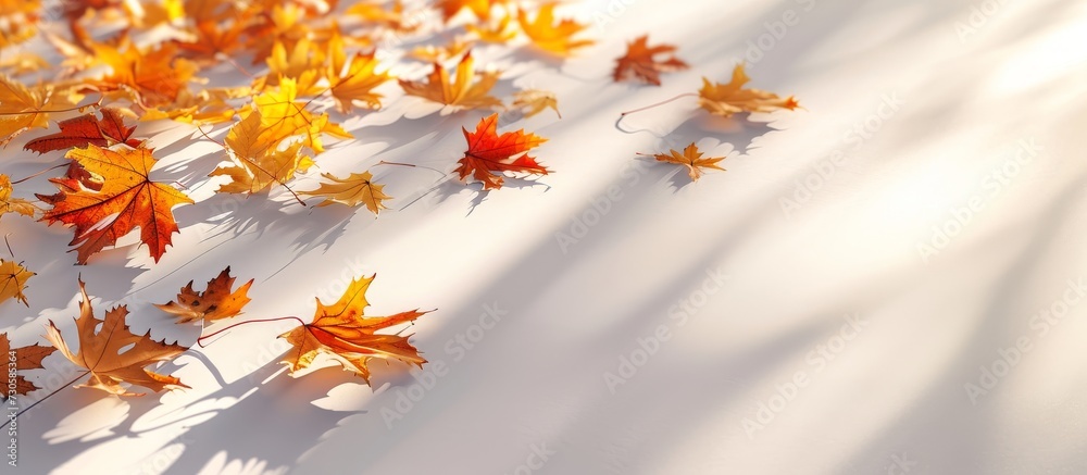 Poster Maple leaves of autumn gently descend on a white backdrop, casting shadows.