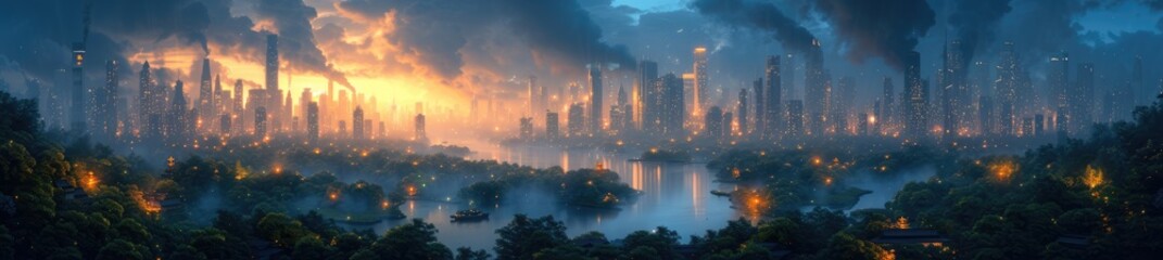 a cybernetic forest blending with an oriental cityscape, digital airbrushing