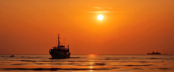 Fishing boat in the sea at sunset. Beautiful orange sky.