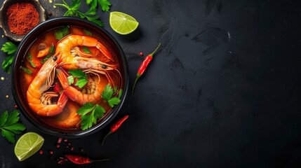 Thai food; tom yum kung or river prawn spicy soup, realistic, HD, copy space - generative ai