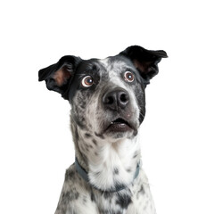 a shocked and cute dog is facing the camera, on transparency background PNG