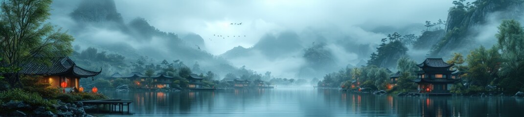 a hidden bamboo village in the mist, capturing the essence of the Far East, digital airbrushing