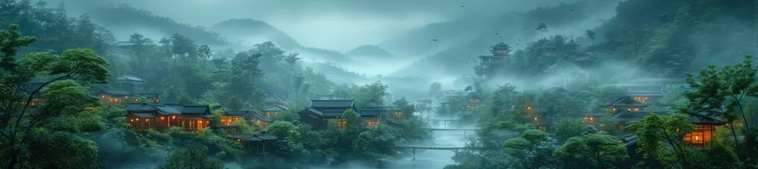 Poster a hidden bamboo village in the mist, capturing the essence of the Far East, digital airbrushing © Tungbackground