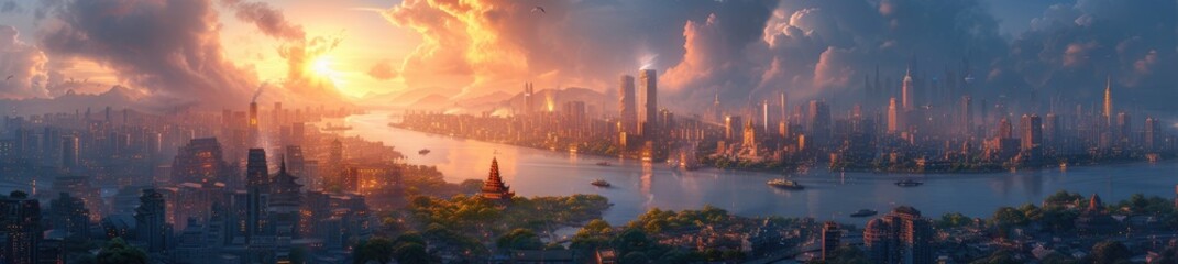 a metropolis with floating islands and ancient temples, blending the old and new, digital airbrushing