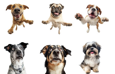 Collection of dog grinning for a selfie. Standing on transparency background PNG