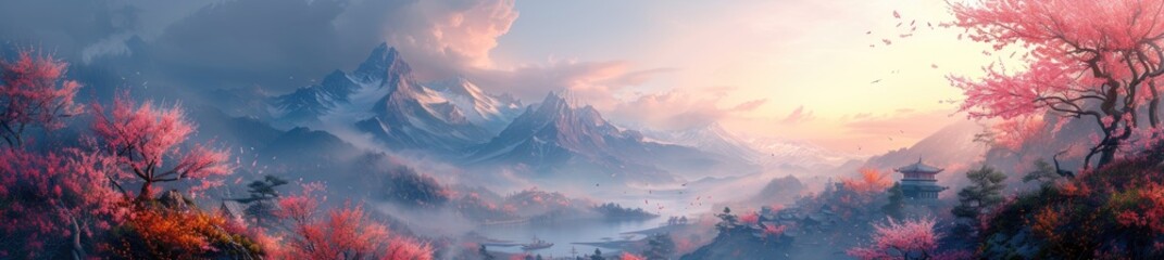 a mountain city draped in cherry blossoms, echoing oriental aesthetics, digital airbrushing