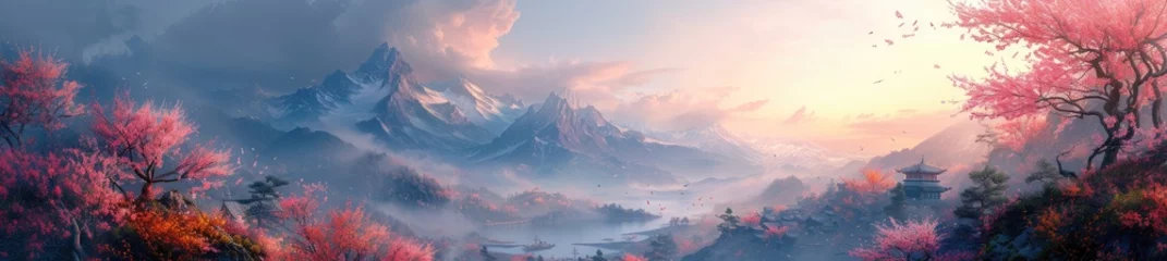 Gardinen a mountain city draped in cherry blossoms, echoing oriental aesthetics, digital airbrushing © Tungbackground