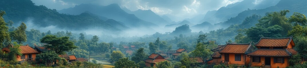 a tranquil mountain town with traditional Vietnamese houses, digital airbrushing