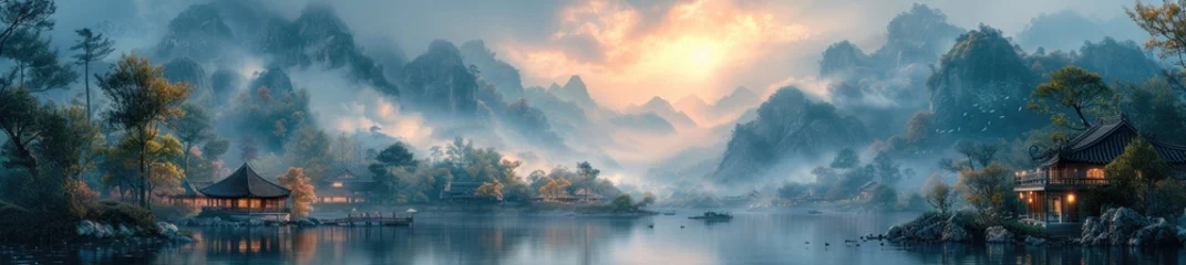 Photo sur Plexiglas Matin avec brouillard a tranquil mountain town with traditional Vietnamese houses, digital airbrushing