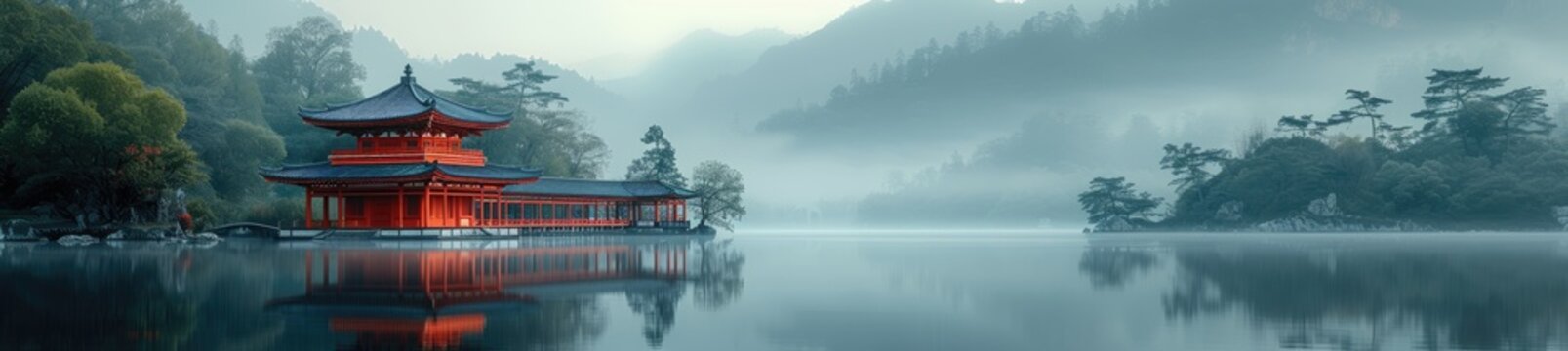 a tranquil pagoda on a mist-covered lake, capturing the essence of Asian serenity