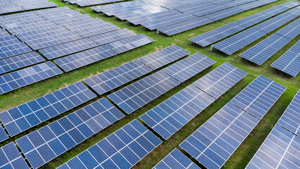 Aerial view of solar panels of a power plant. Energy of sun