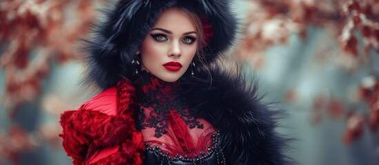 Stylish young lady donning a fur-trimmed red and black dress. - obrazy, fototapety, plakaty