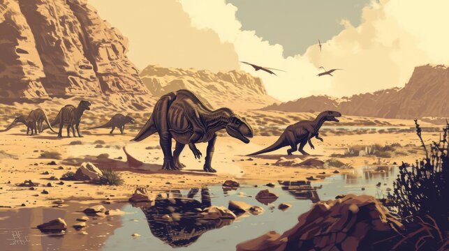 A pack of fierce Allosaurus cautiously approaches the oasis eager for a drink but also keeping a wary eye on other predators that might have the same idea.